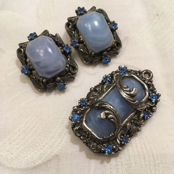 Vintage Blue Moonstone In Pot Metal Set - Picture 3 of 9